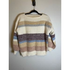 Becool | Brown Cream Blue Striped Knit Boatneck Sweater Size Small Acrylic/Nylon